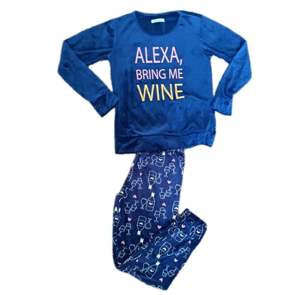 Joan Vass Velour Pajama Set Sz Large Blue Alexa Bring Me Wine 2 Piece Wine Heart - Picture 1 of 5